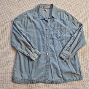 VTG Passion-I Womens Shirt XL Light Blue Denim Floral Embroidered Long Sleeve
